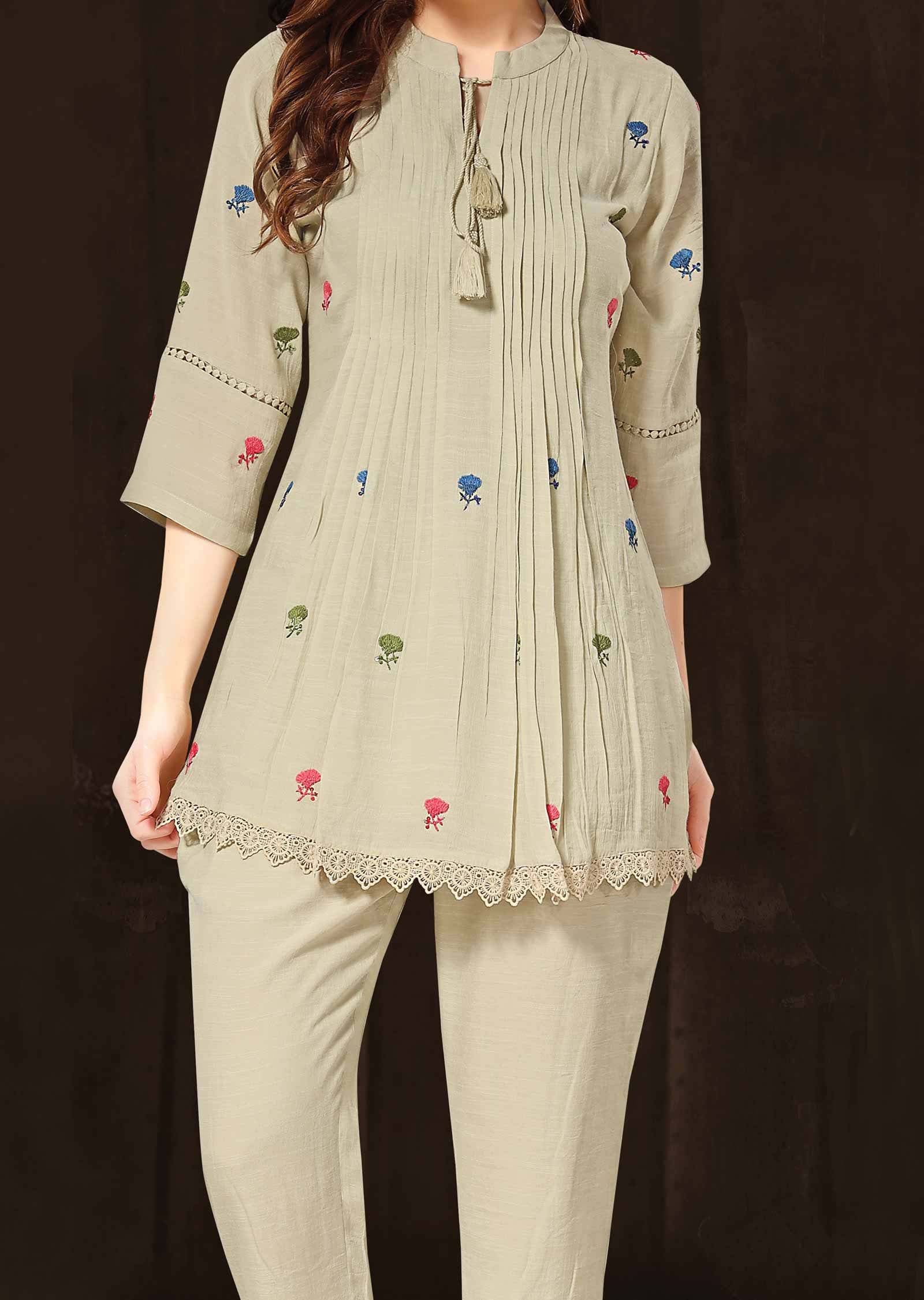 Dusty Beige Linen Georgette Resham Work Co-Ord Set