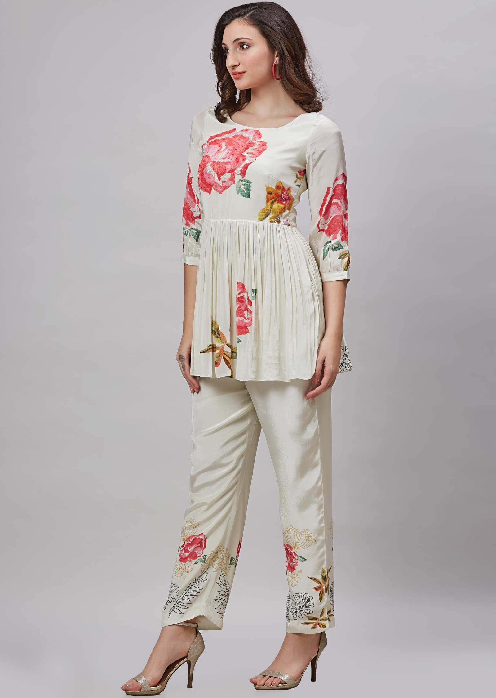 Cream Crepe Embroidered Co-Ord Set