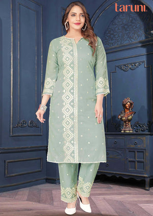 Dusty Green Cotton Mirror work Kurti Sets