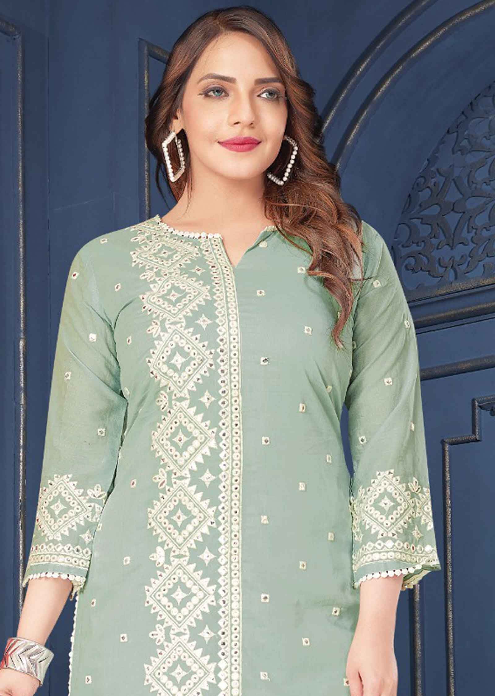 Dusty Green Cotton Mirror work Kurti Sets