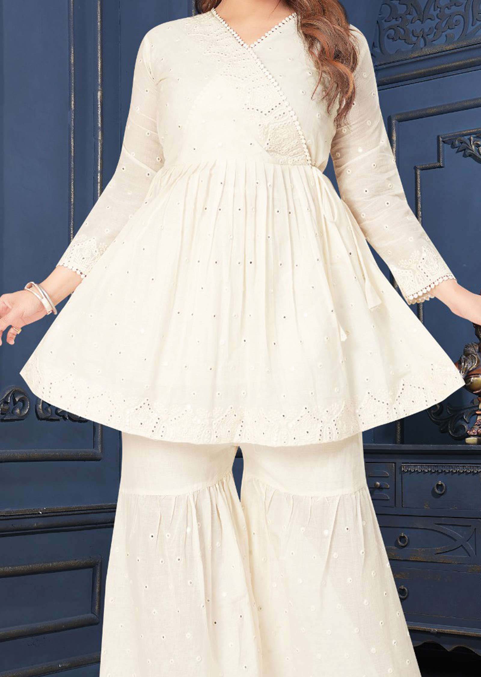 Off White Cotton Mirror work Kurti Sets