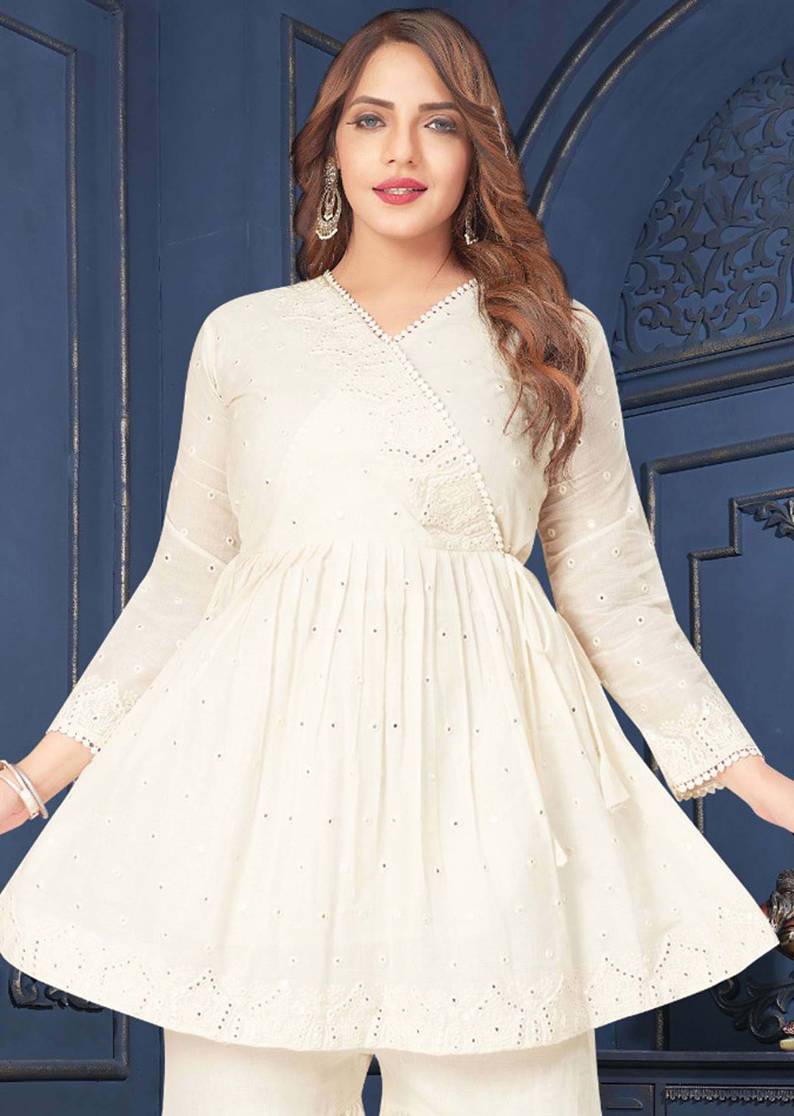 Off White Cotton Mirror work Kurti Sets