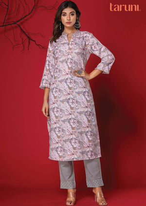 Light Grey Linen Cotton Printed Kurti Sets