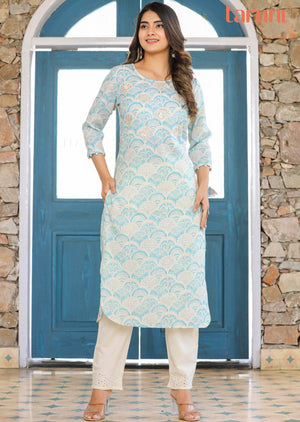 Beige/Sea Green Linen Cotton Sequins Kurti Sets