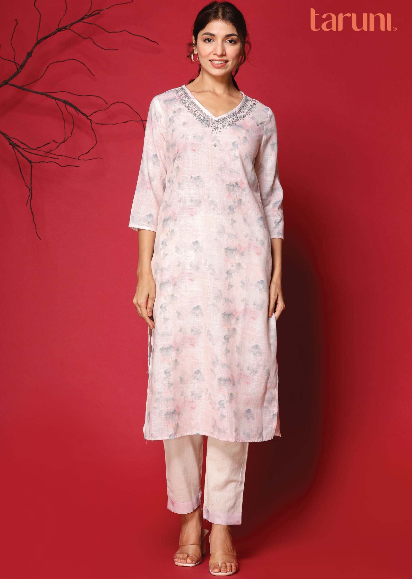 Light Peach Linen Cotton Printed Kurti Sets