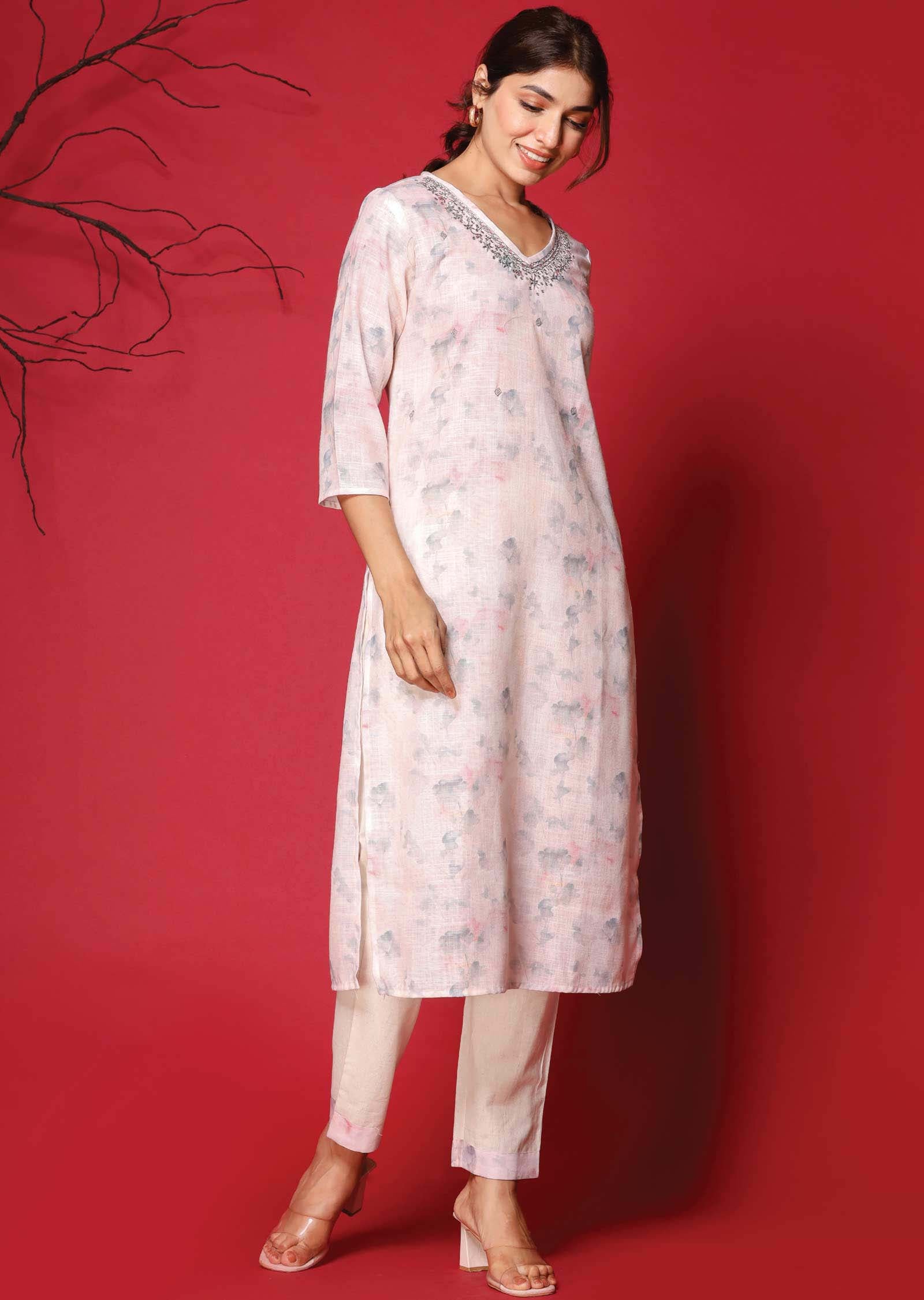 Light Peach Linen Cotton Printed Kurti Sets