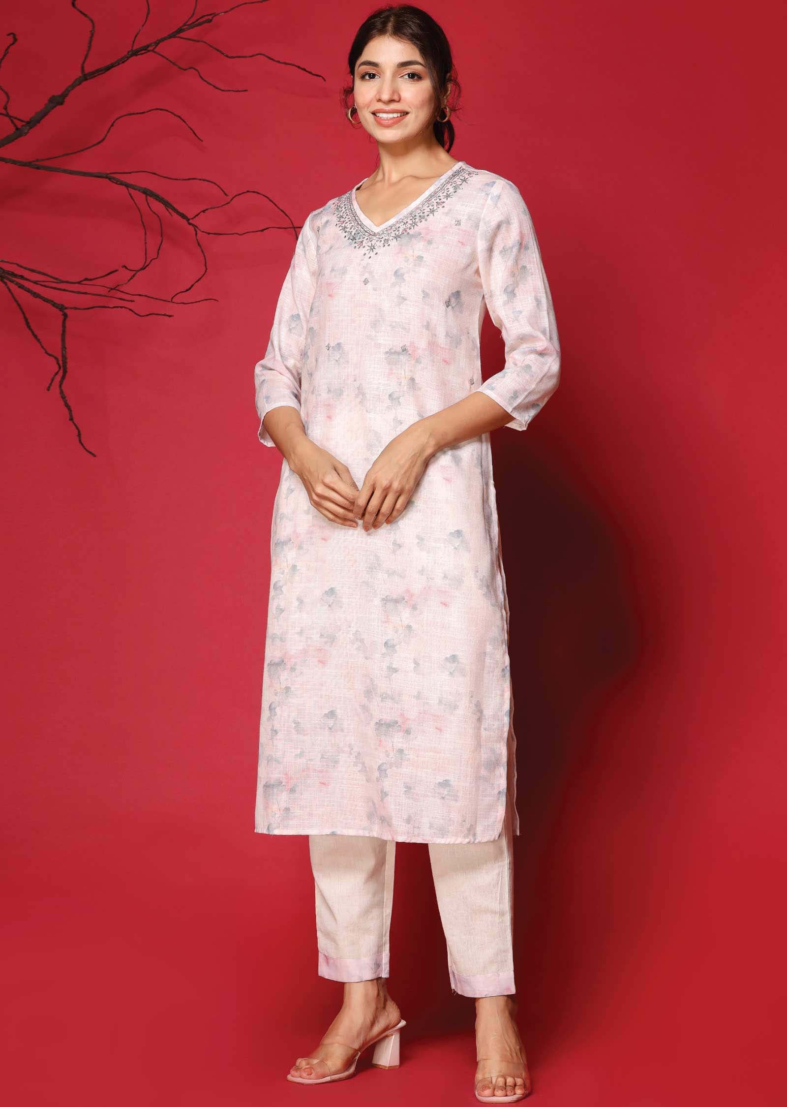 Light Peach Linen Cotton Printed Kurti Sets