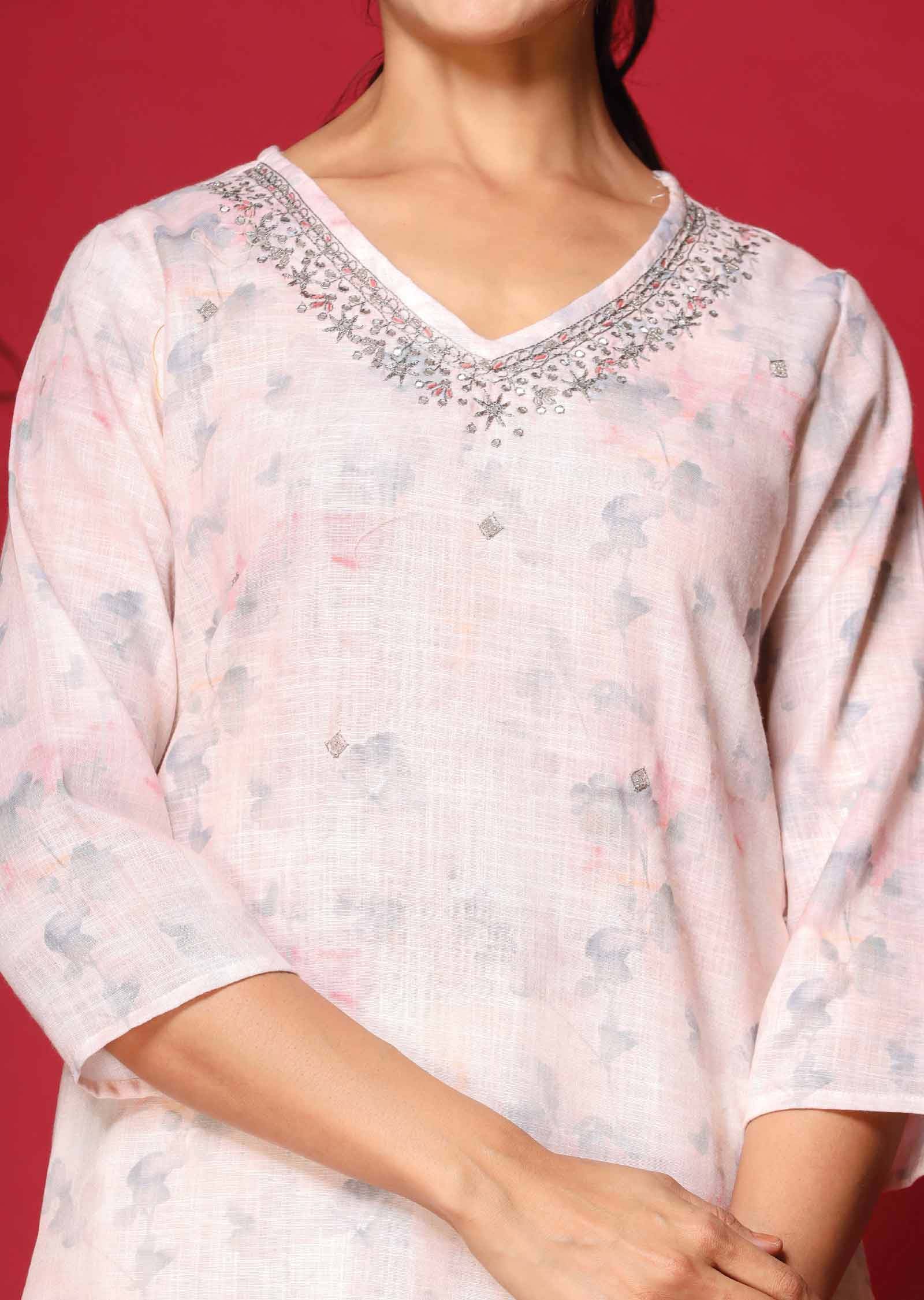 Light Peach Linen Cotton Printed Kurti Sets