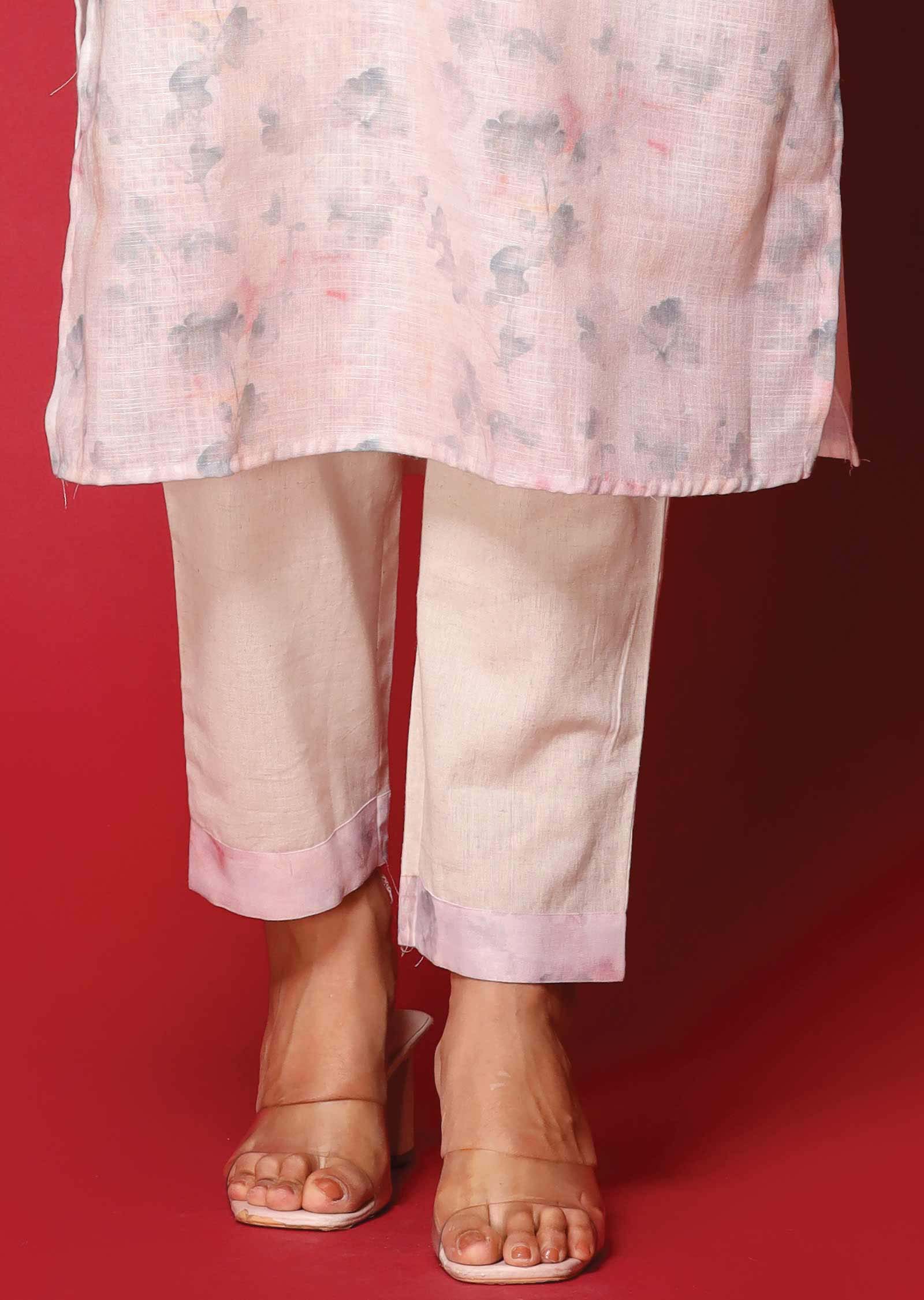 Light Peach Linen Cotton Printed Kurti Sets