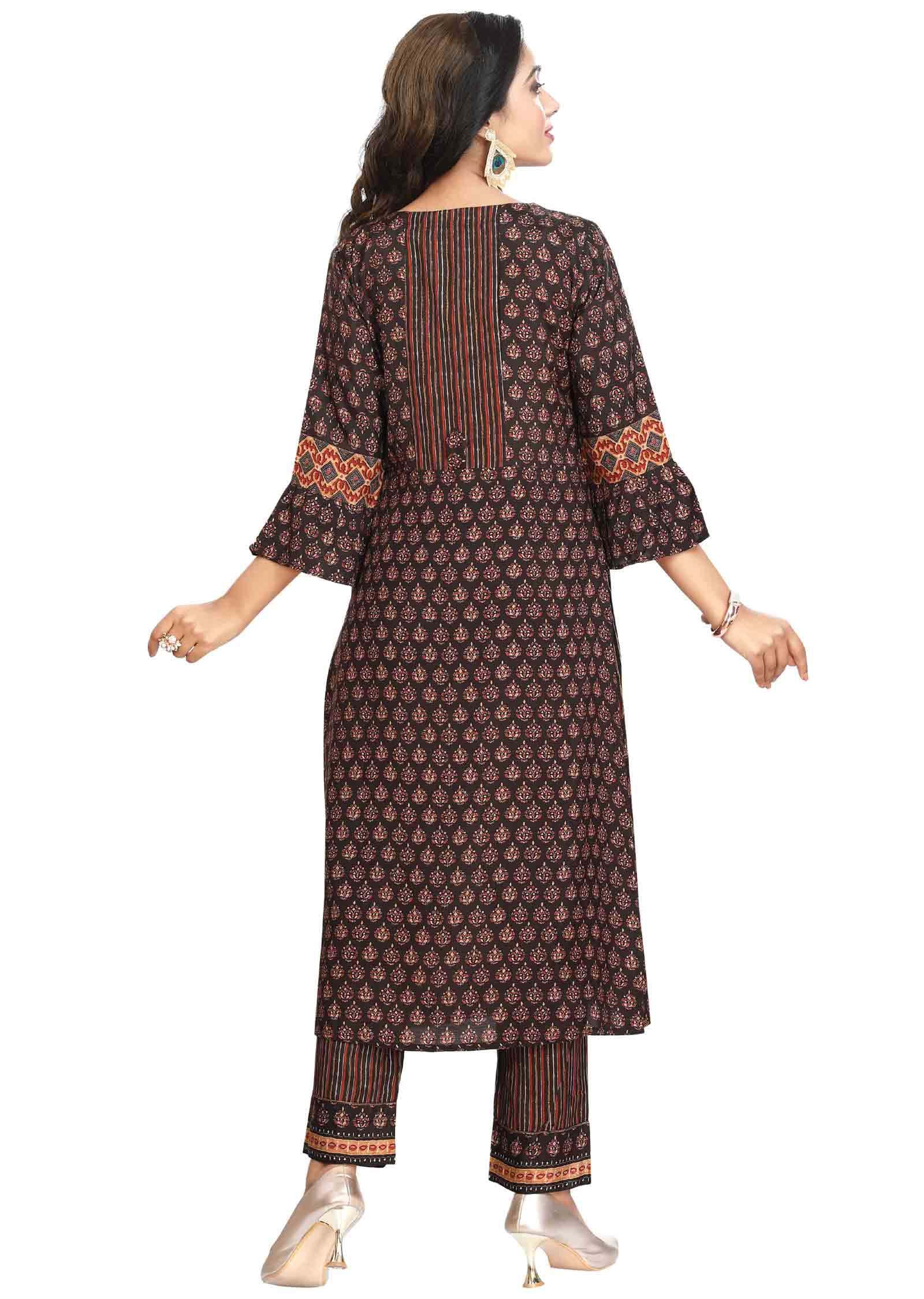 Dark Brown Muslin Sequins Kurti Sets