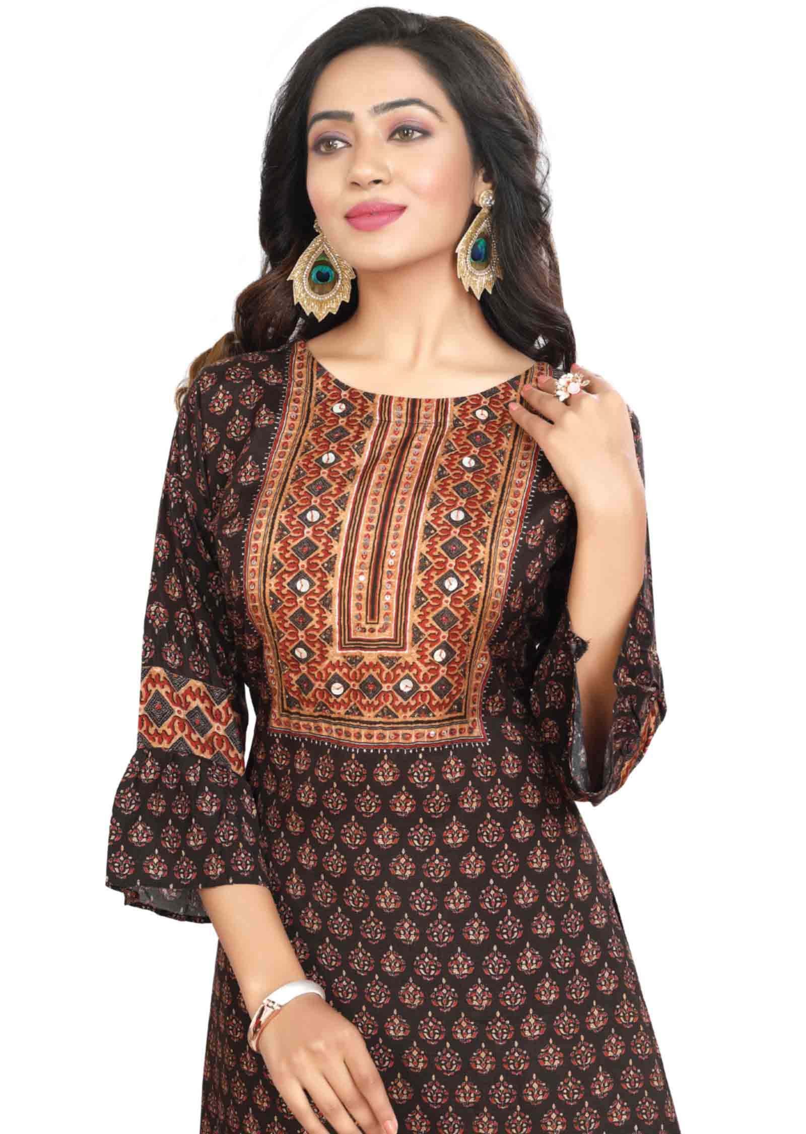 Dark Brown Muslin Sequins Kurti Sets