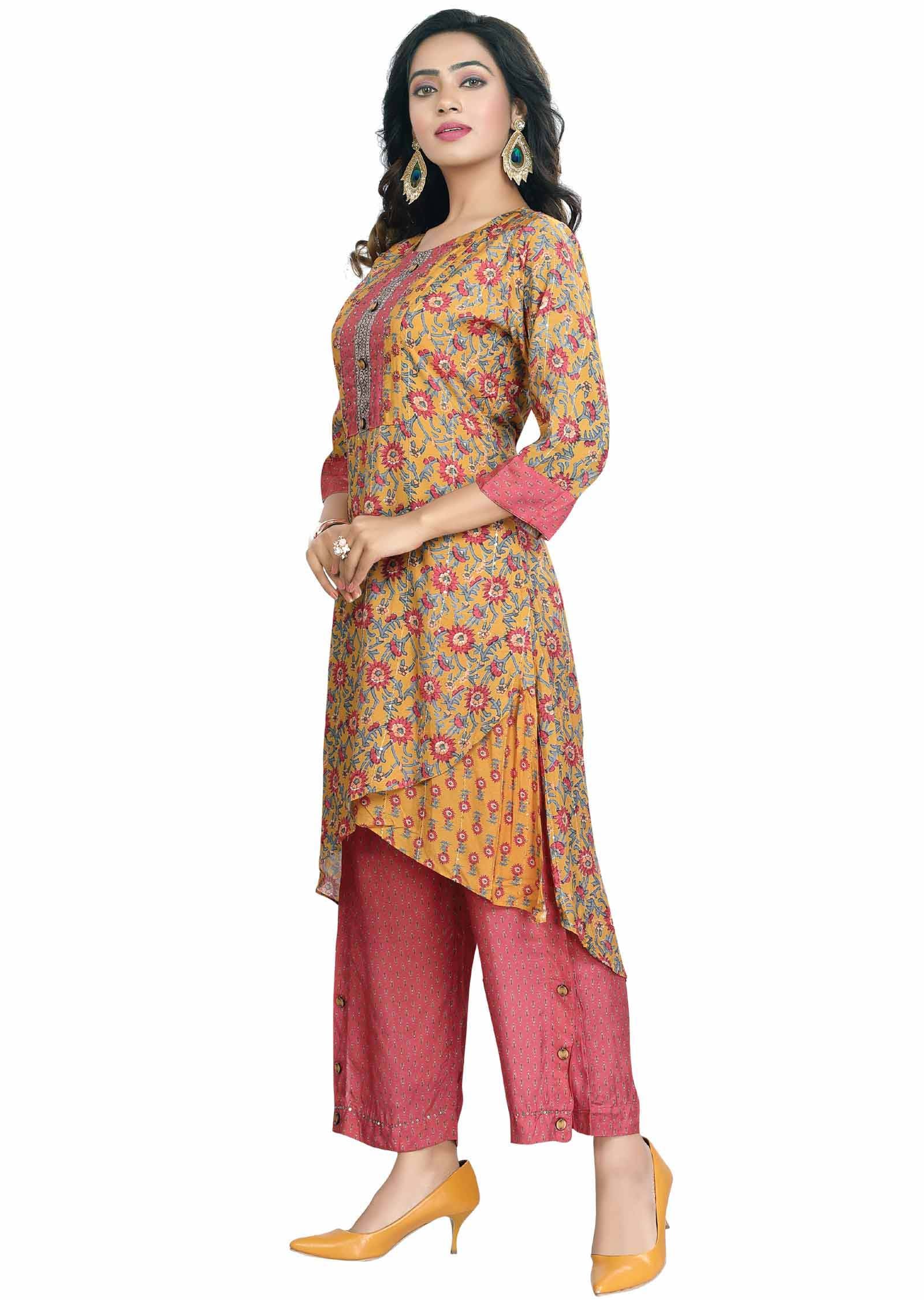 Yellow Muslin Sequins Kurti Sets