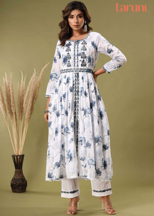 White Cotton Sequins Kurti Sets