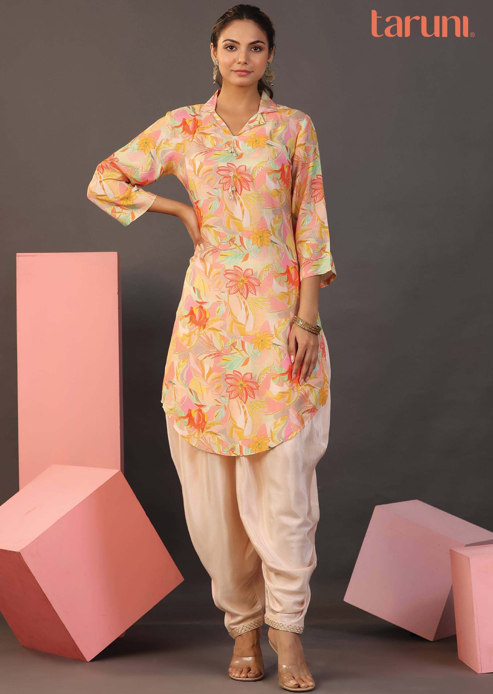 Light peach Muslin Printed Kurti Sets