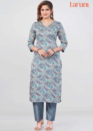 Grey Cotton Printed Kurti Sets