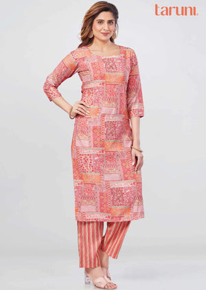 orange /Pink Muslin Printed Kurti Sets