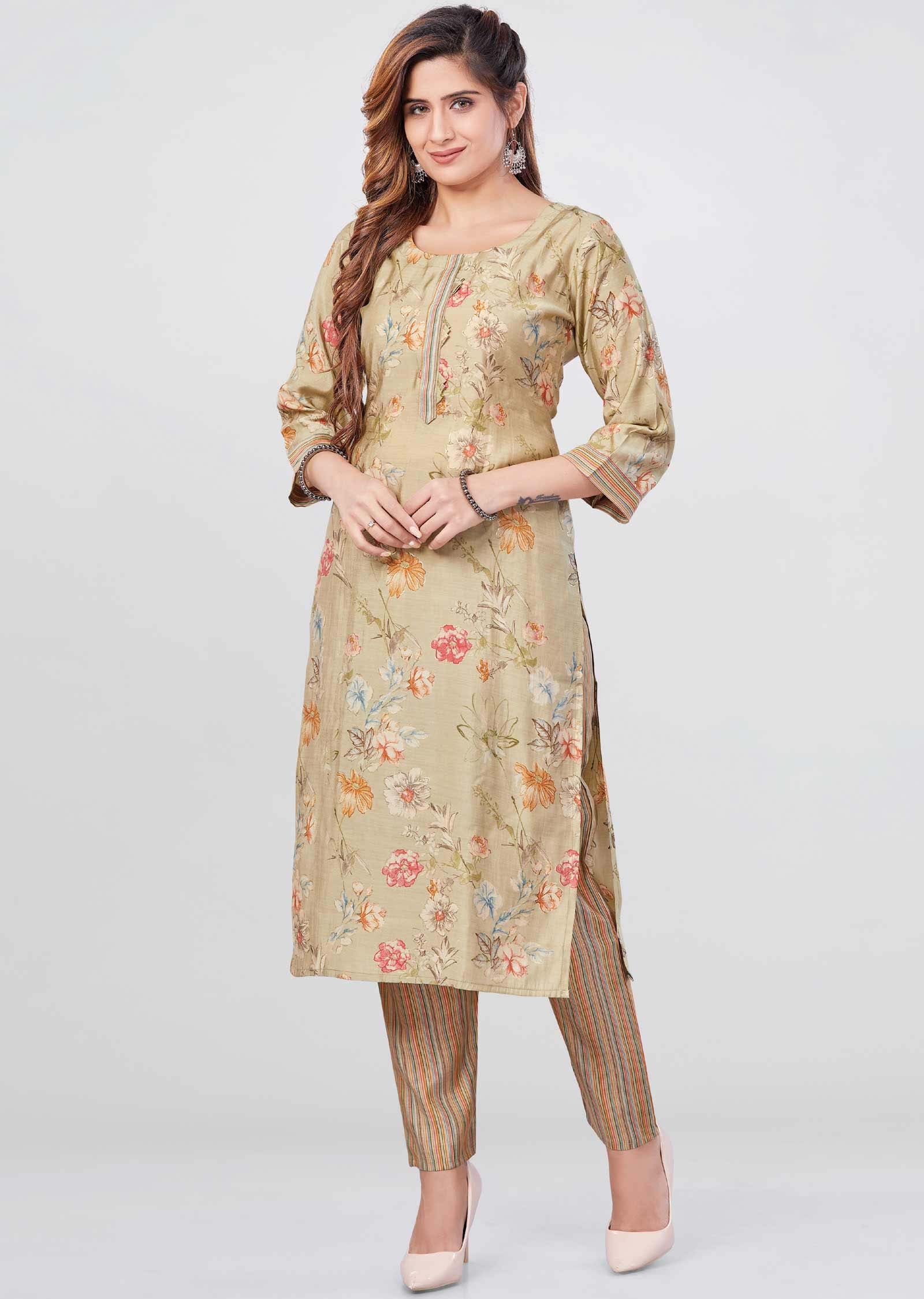 Light khaki Modal Printed Kurti Sets