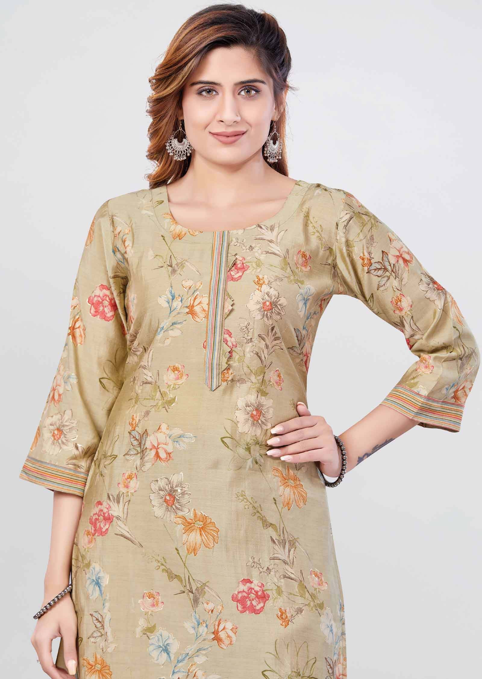 Light khaki Modal Printed Kurti Sets