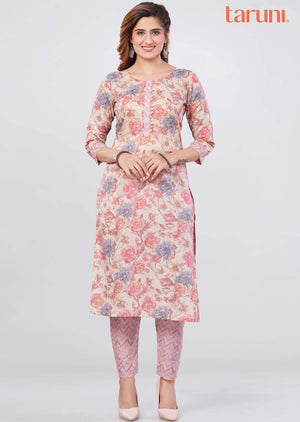 Beige Cotton Printed Kurti Sets