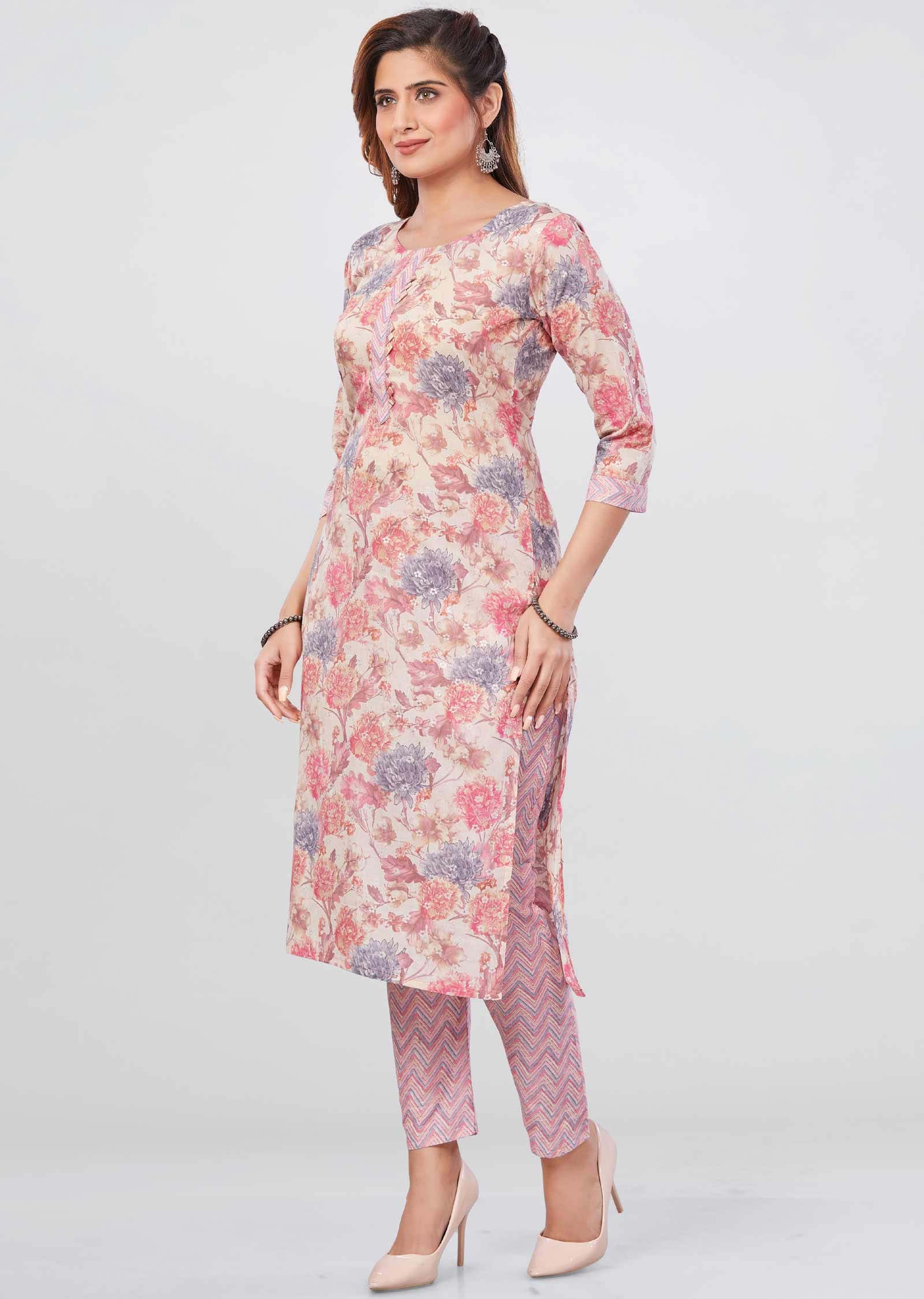 Beige Cotton Printed Kurti Sets