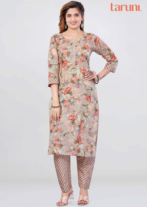 Fawn Cotton Printed Kurti Sets