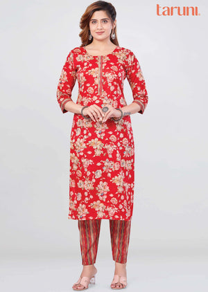 Red Cotton Floral Printed Kurti Sets