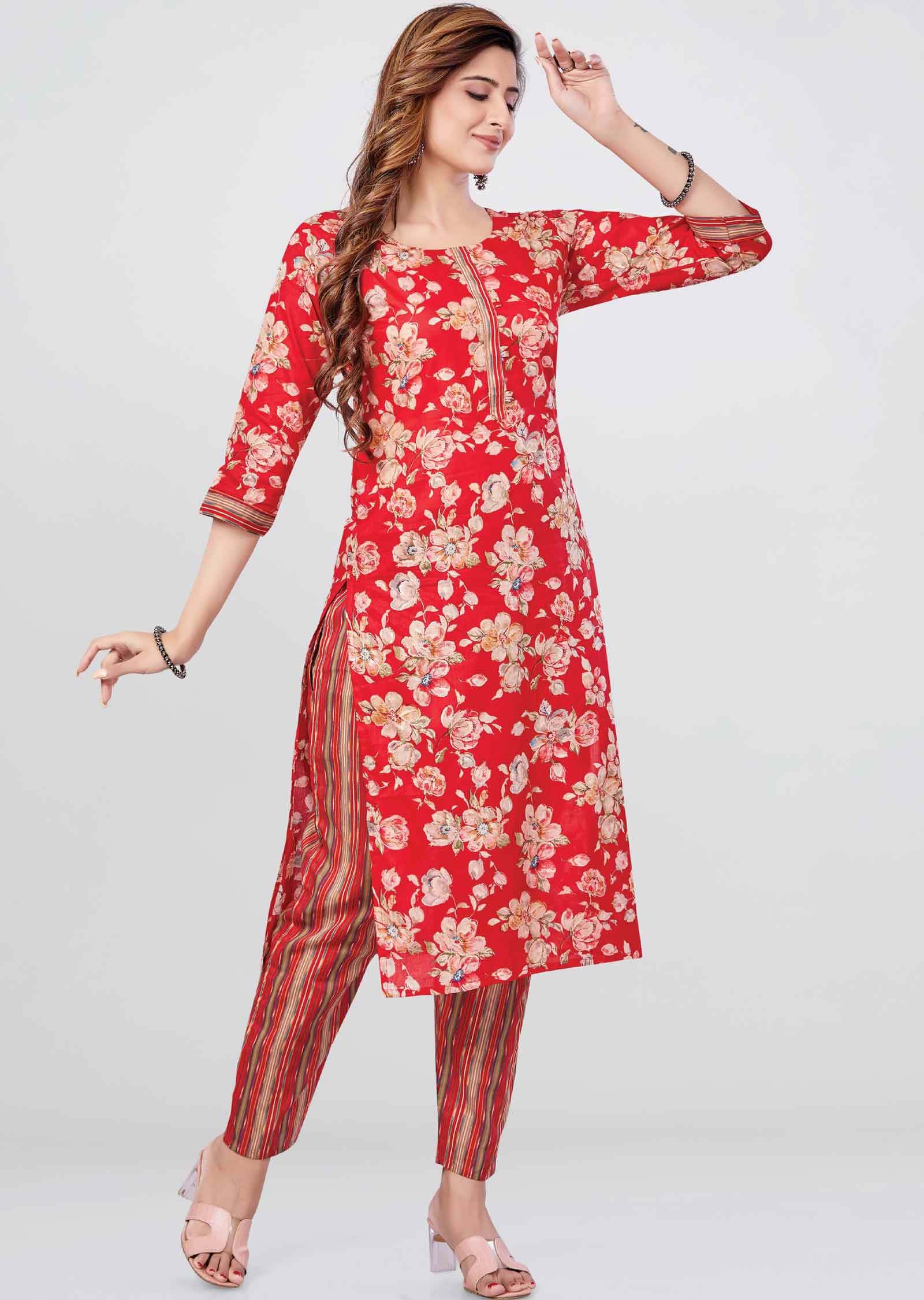 Red Cotton Floral Printed Kurti Sets