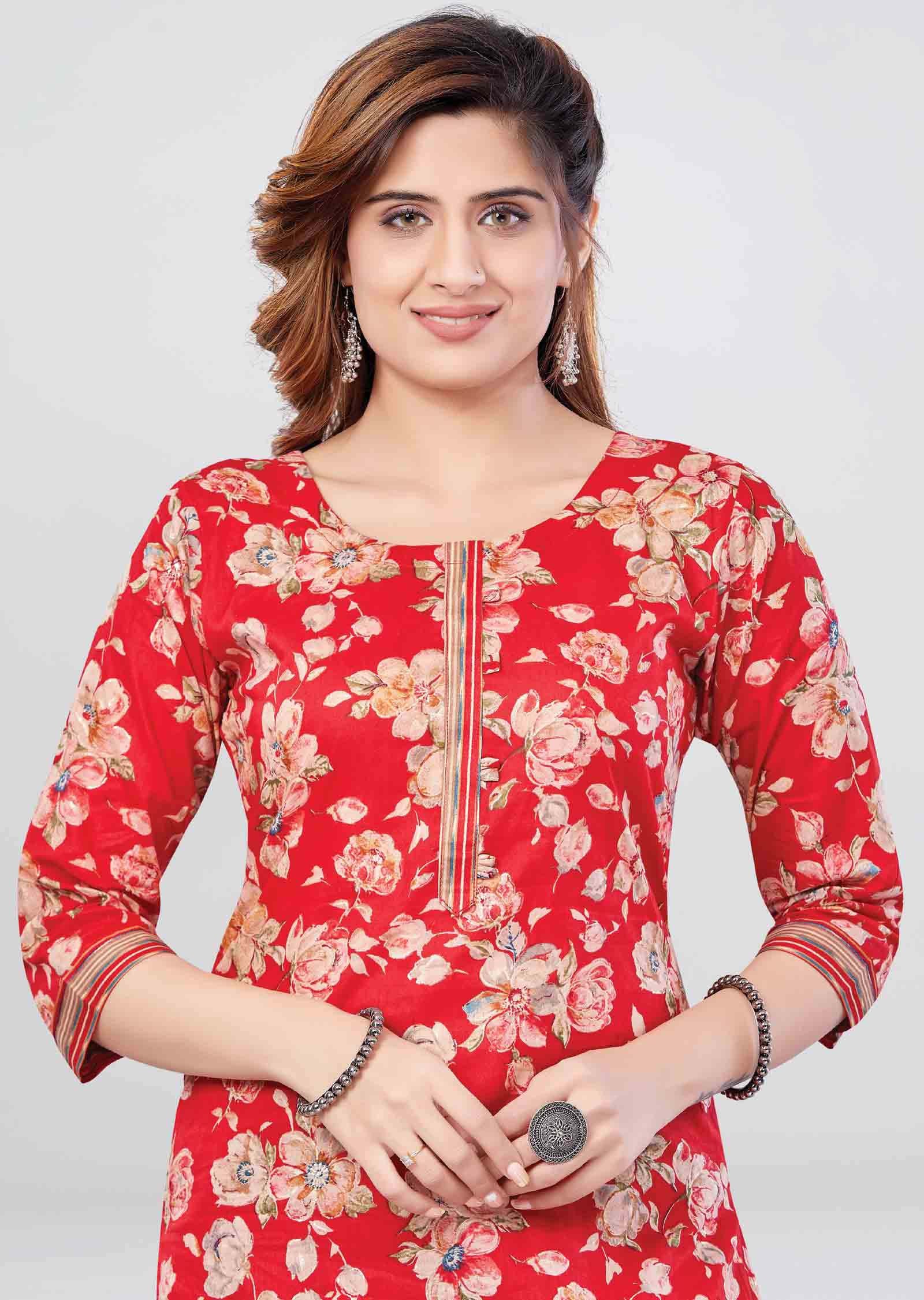 Red Cotton Floral Printed Kurti Sets