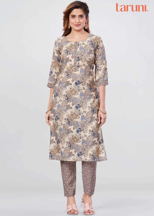 Beige Muslin Printed Kurti Sets