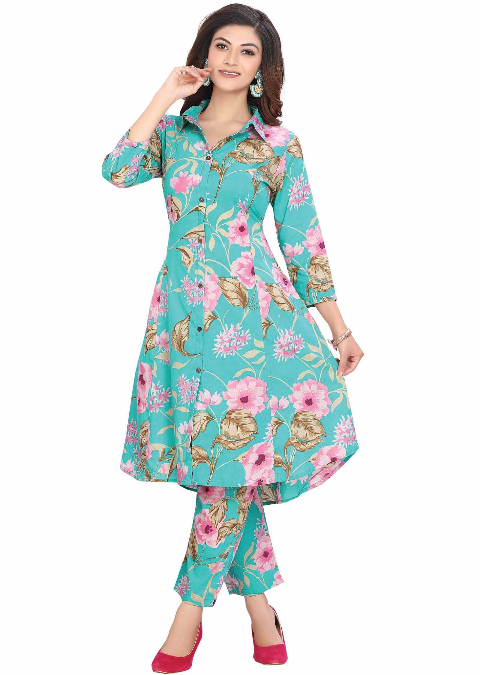 Sea green Cotton Kurti Sets