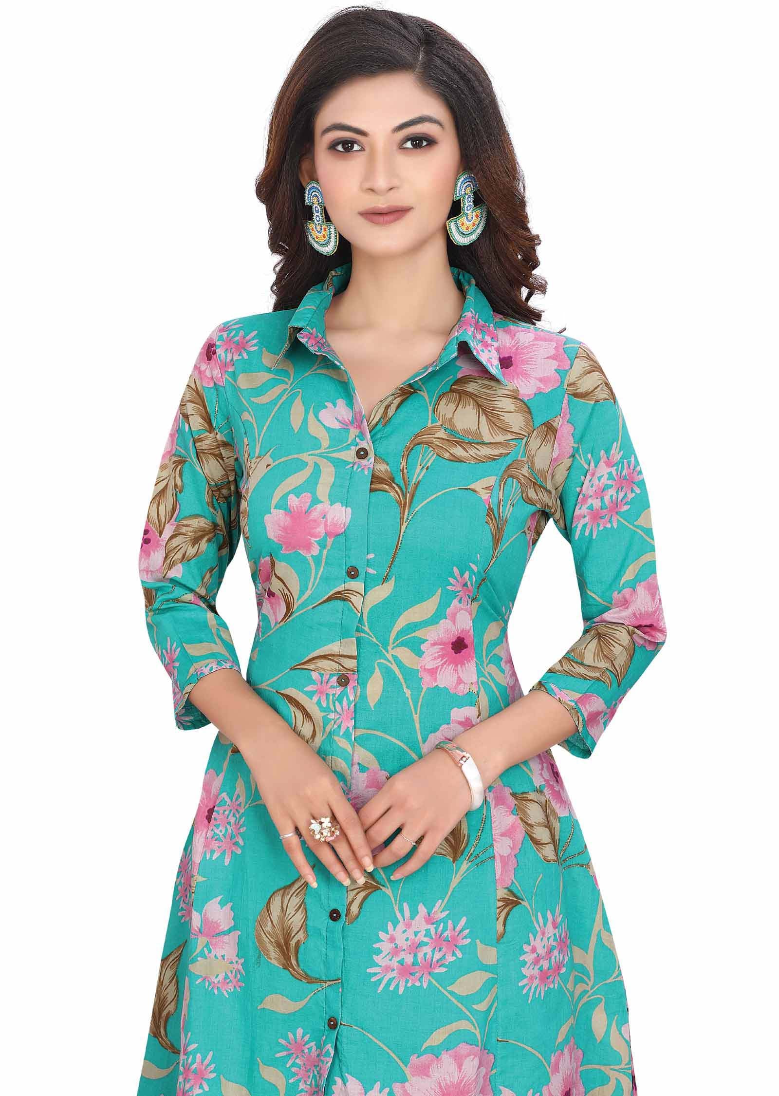 Sea green Cotton Kurti Sets