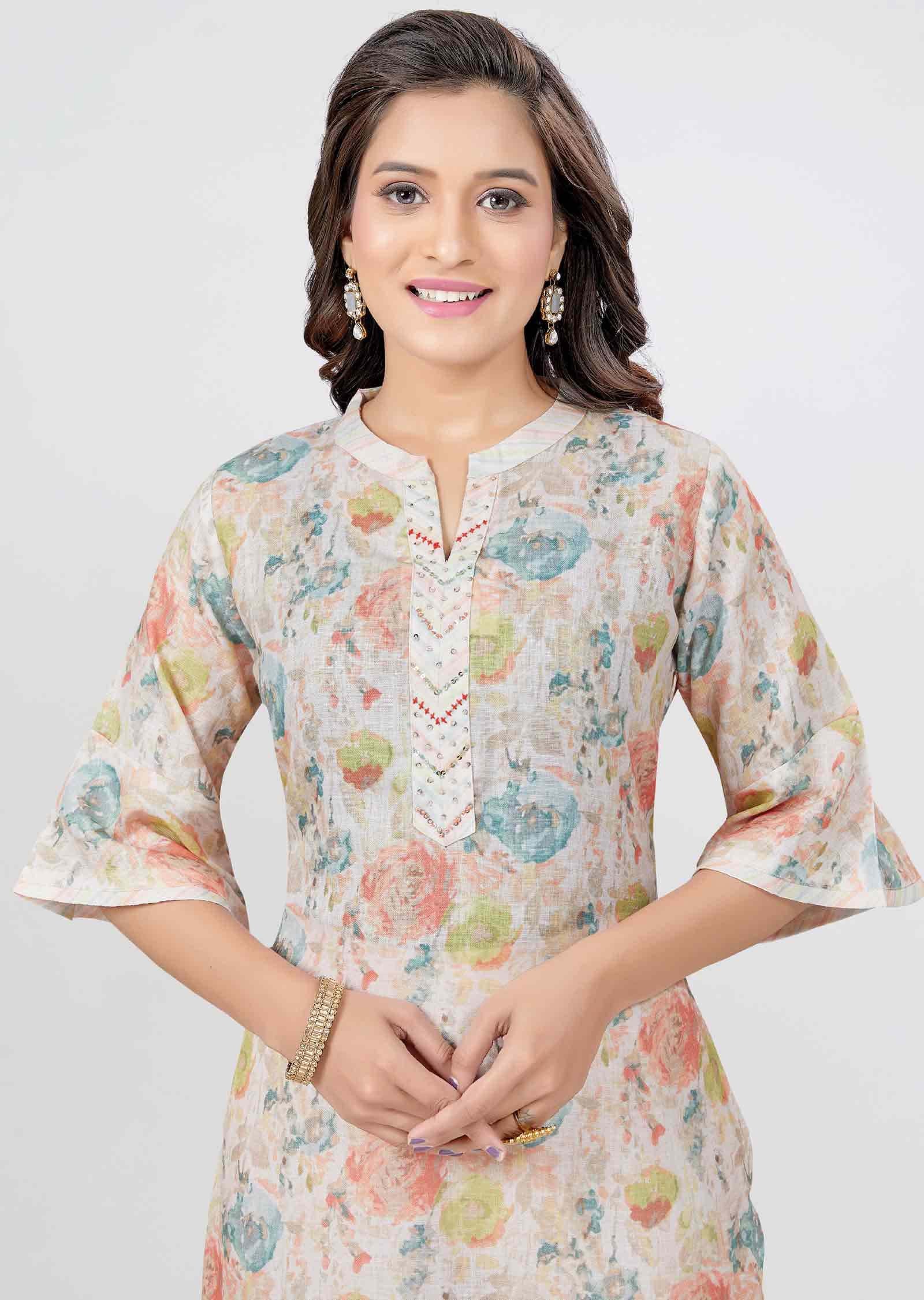 Light Peach Linen Sequins Kurti Sets