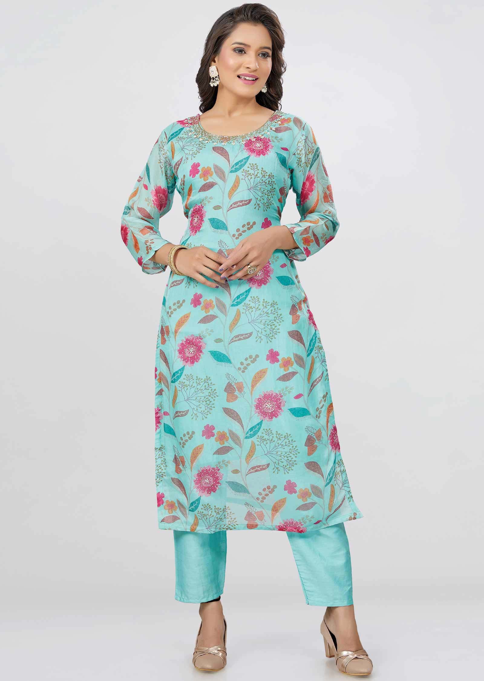 Sea Green Organza Zardosi & Embroidered Kurti Sets