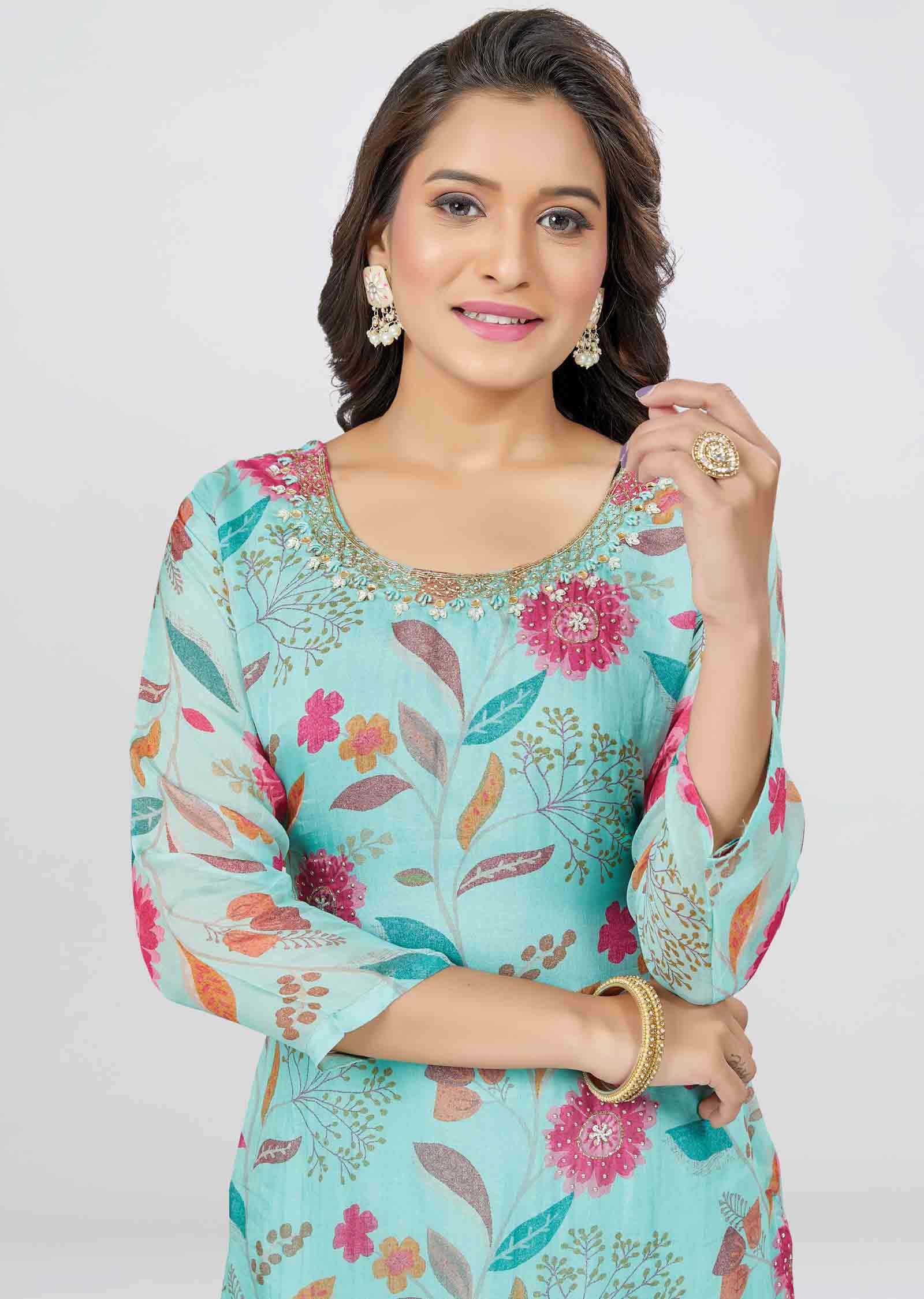 Sea Green Organza Zardosi & Embroidered Kurti Sets