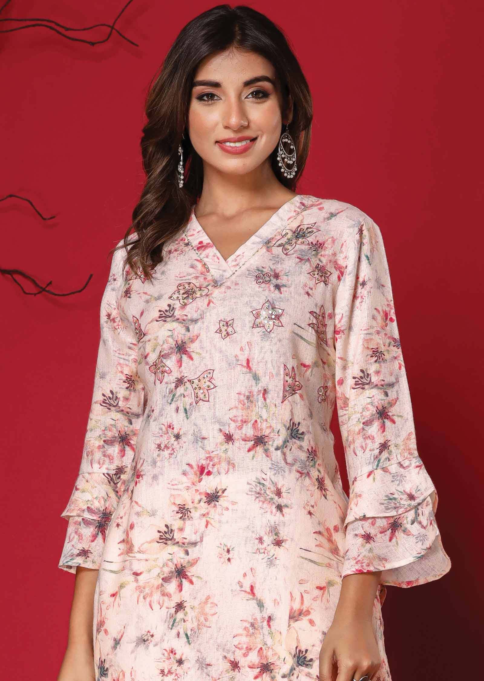 Pink Linen Cotton Kurti Sets