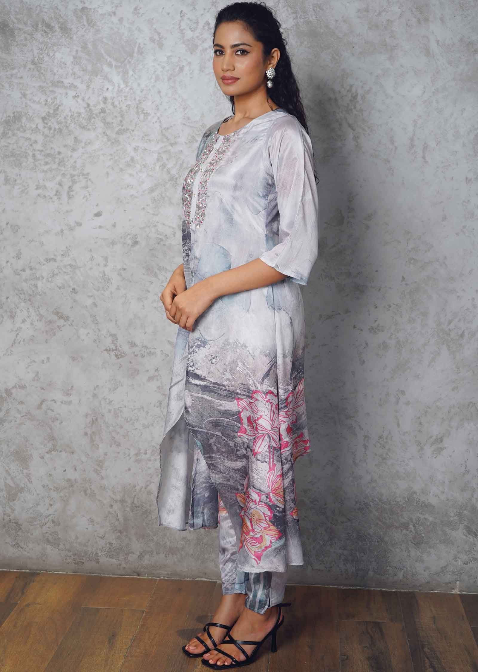 Grey Crepe Kurti Sets