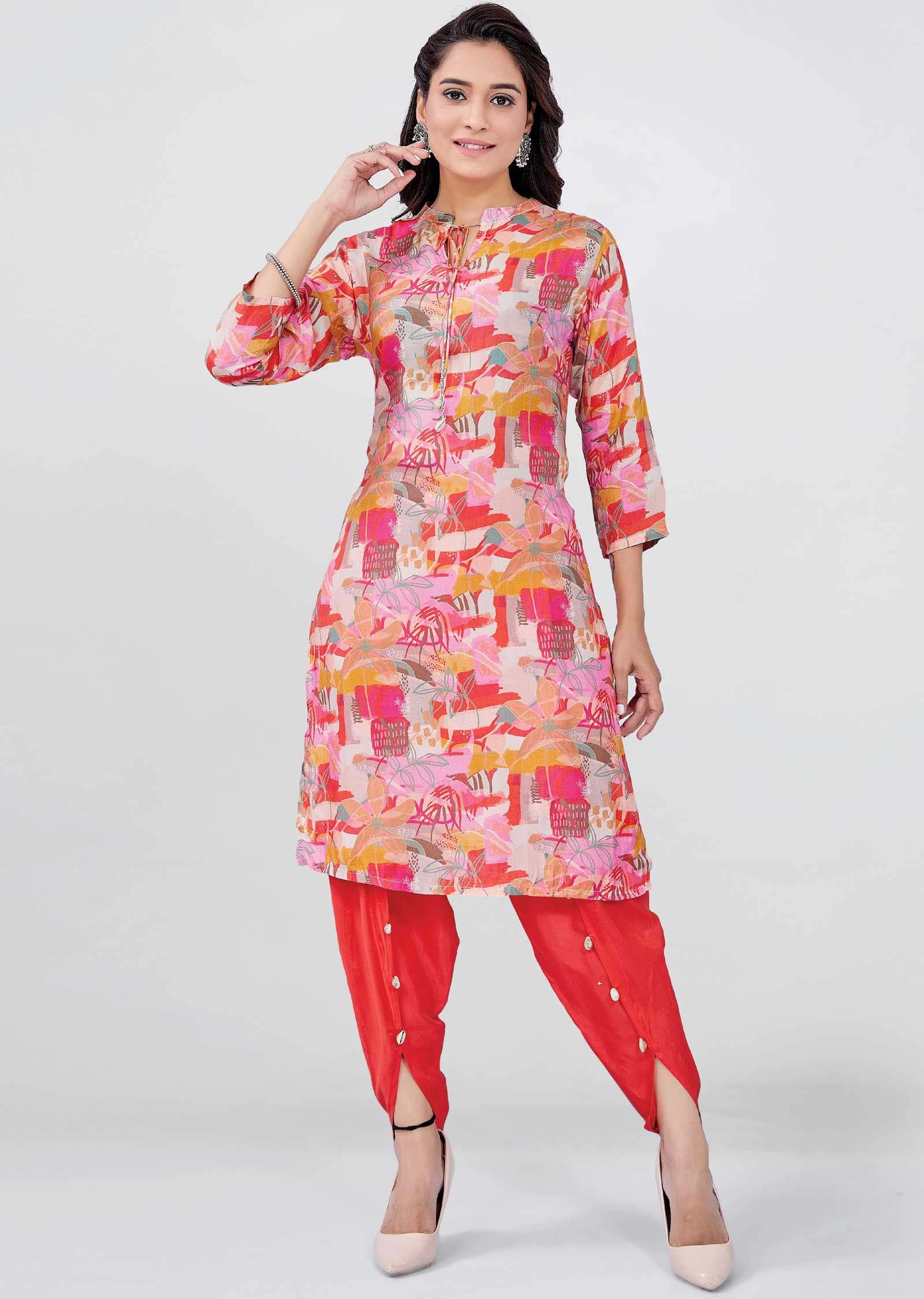 Peach/Pink Muslin Printed Kurti Sets