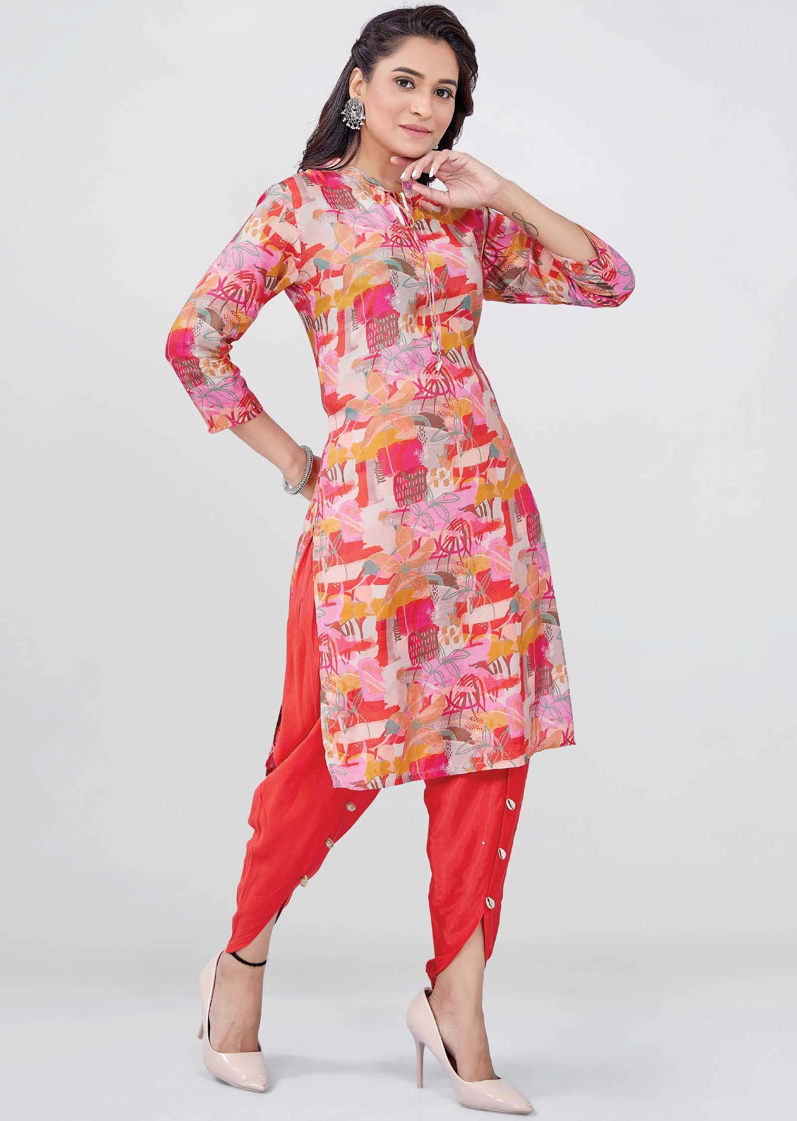 Peach/Pink Muslin Printed Kurti Sets