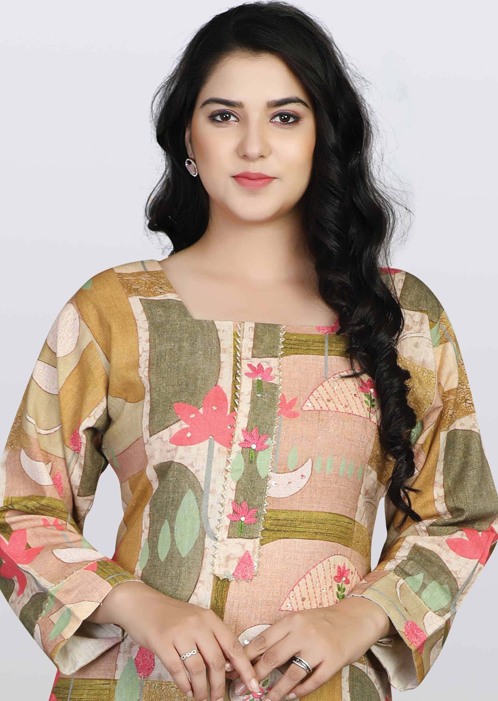 Brown/mehandi green Cotton Sequins Kurti Sets