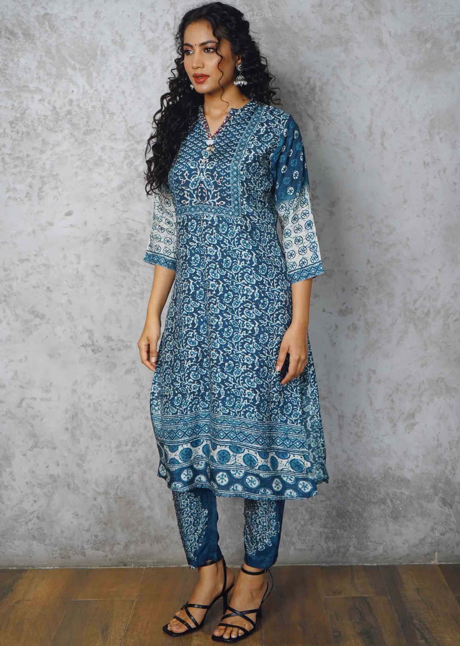 Indigo Blue Modal Embroidered Kurti Sets