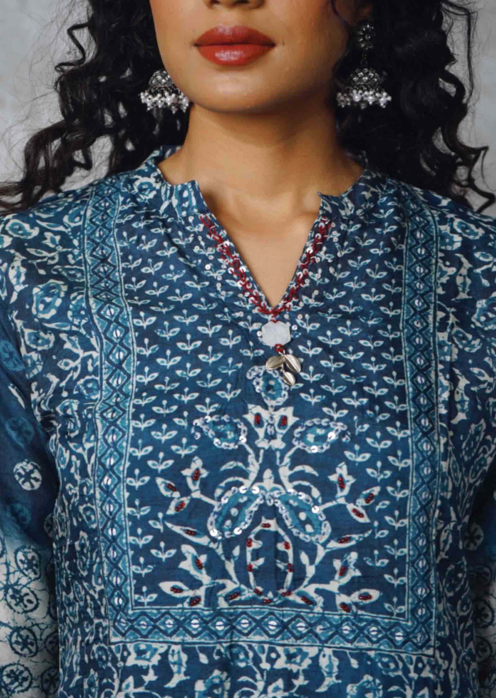 Indigo Blue Modal Embroidered Kurti Sets