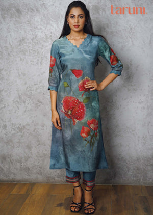 Grey Muslin Embroidered Kurti Sets