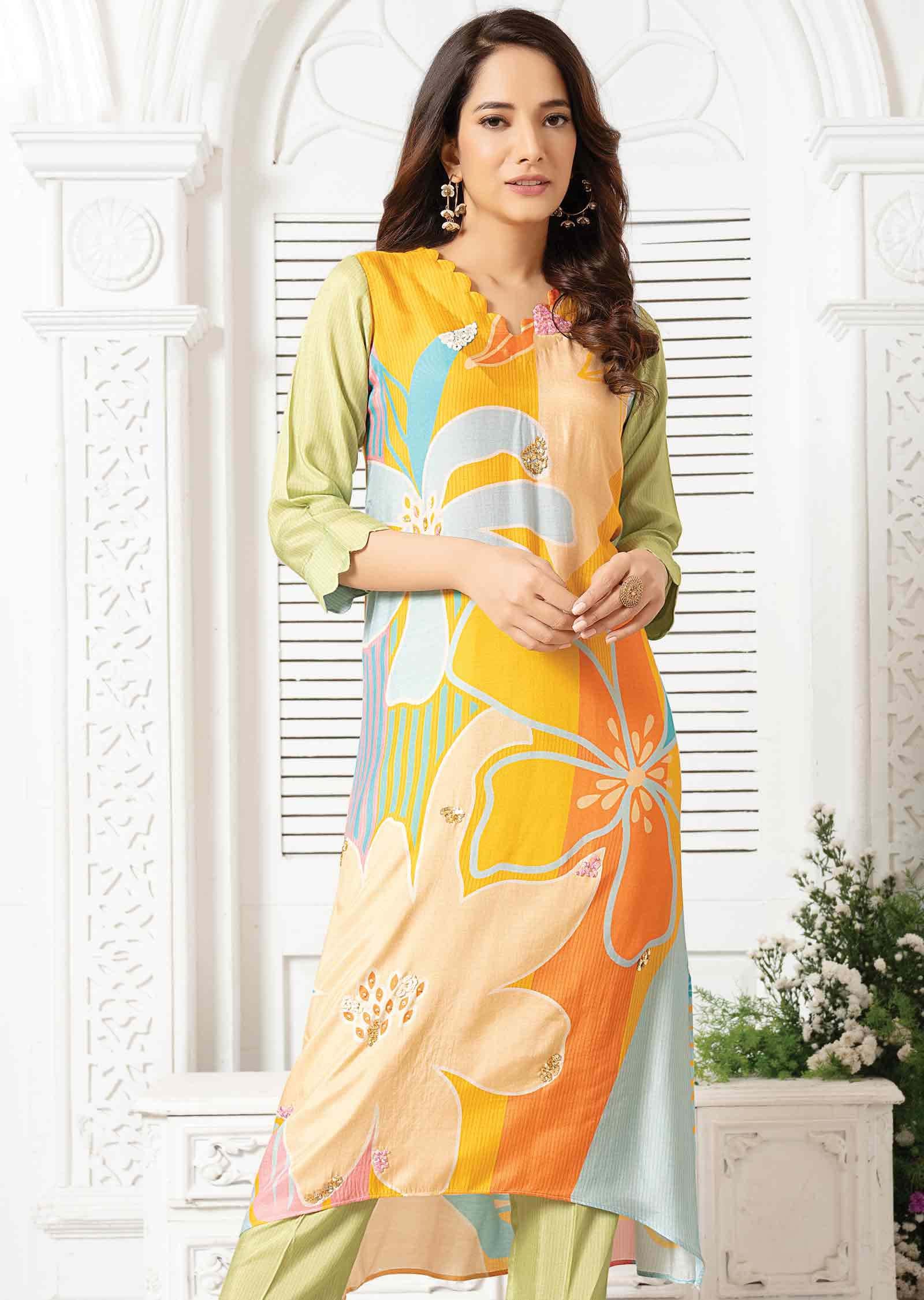 Yellow Muslin Kurti Sets