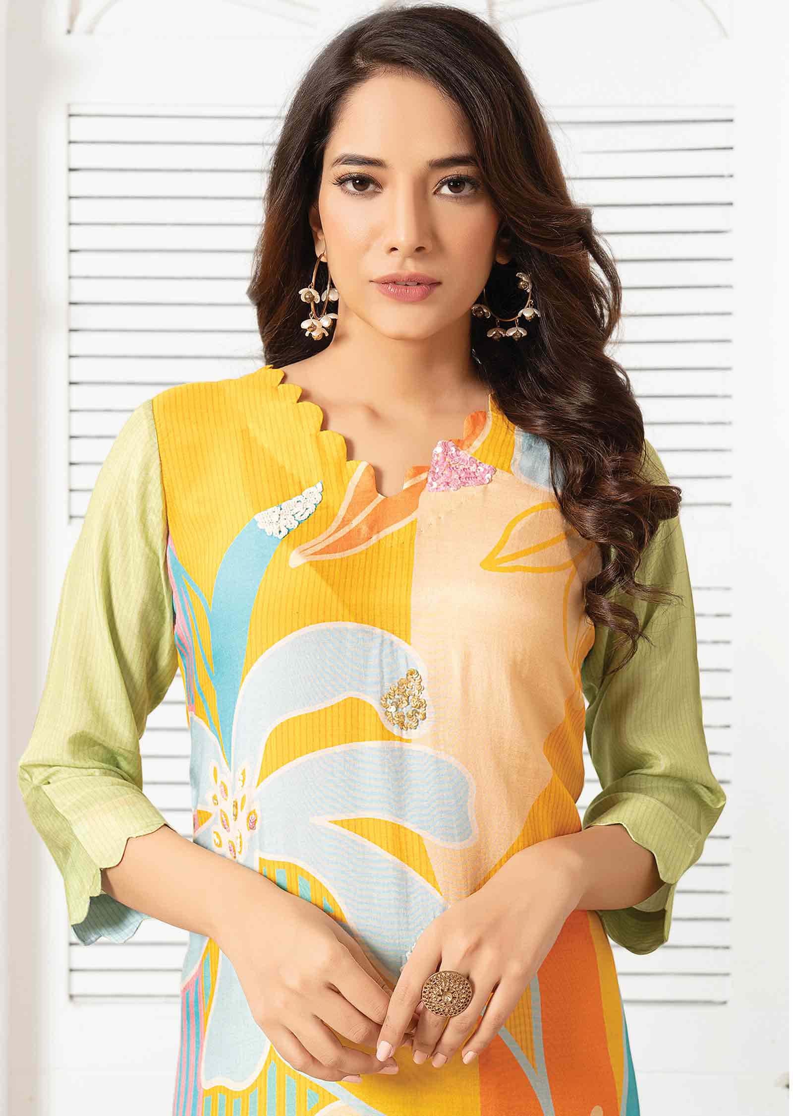 Yellow Muslin Kurti Sets