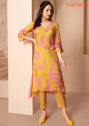 Yellow & Pink Muslin Embroidered Kurti Sets