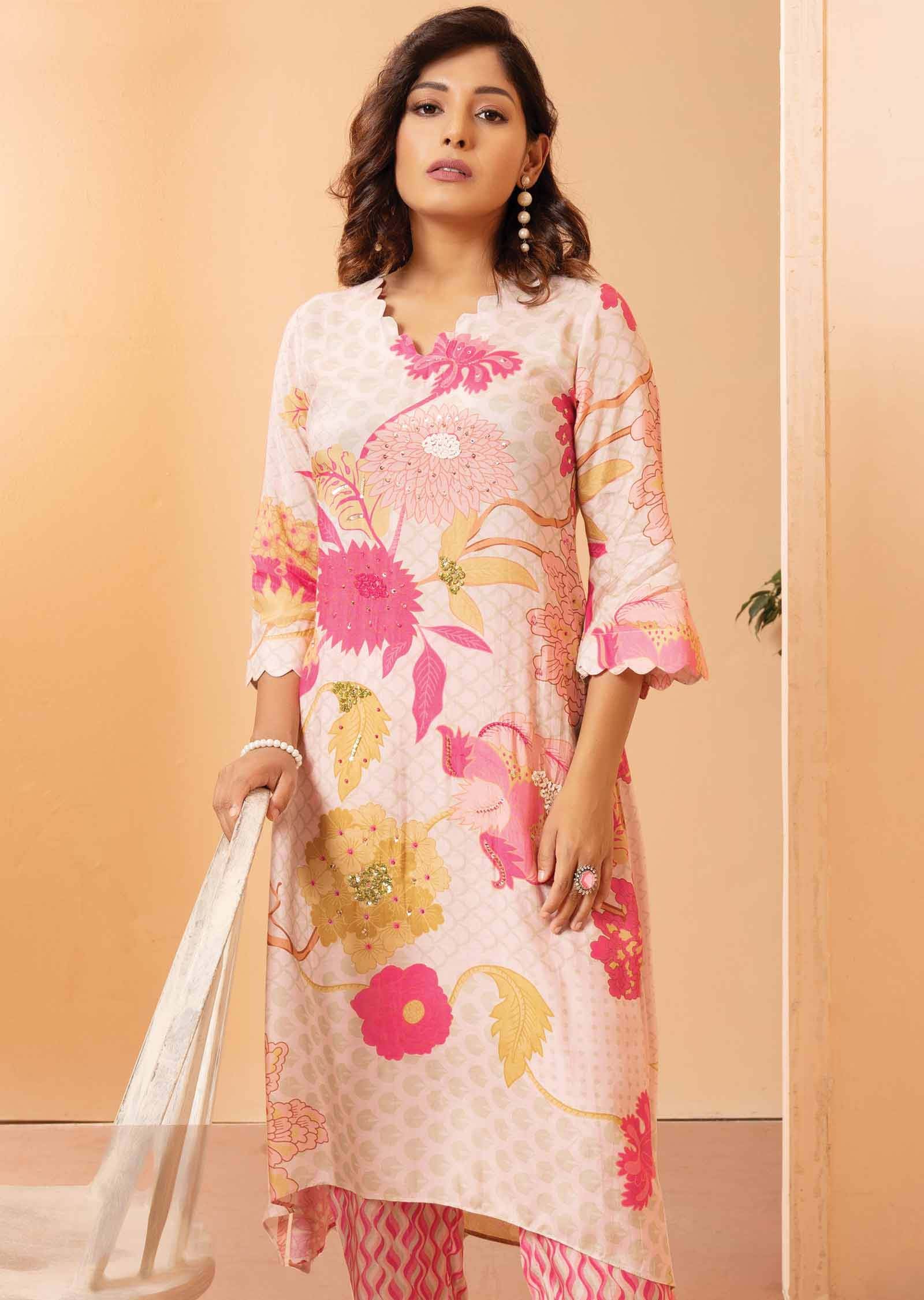 Light Peach & Pink Muslin Embroidered Kurti Sets