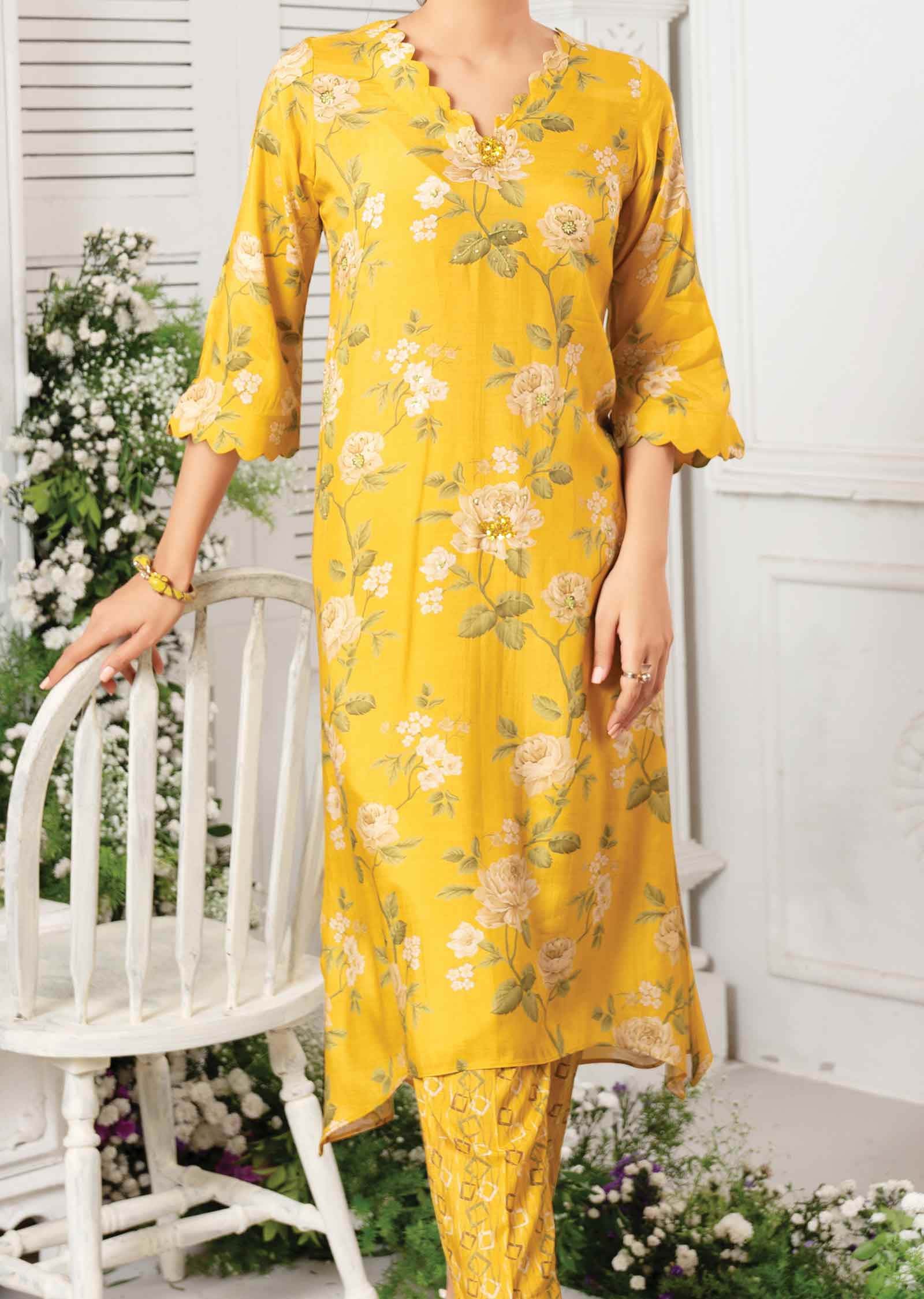 Yellow & Green Muslin Embroidered Kurti Sets