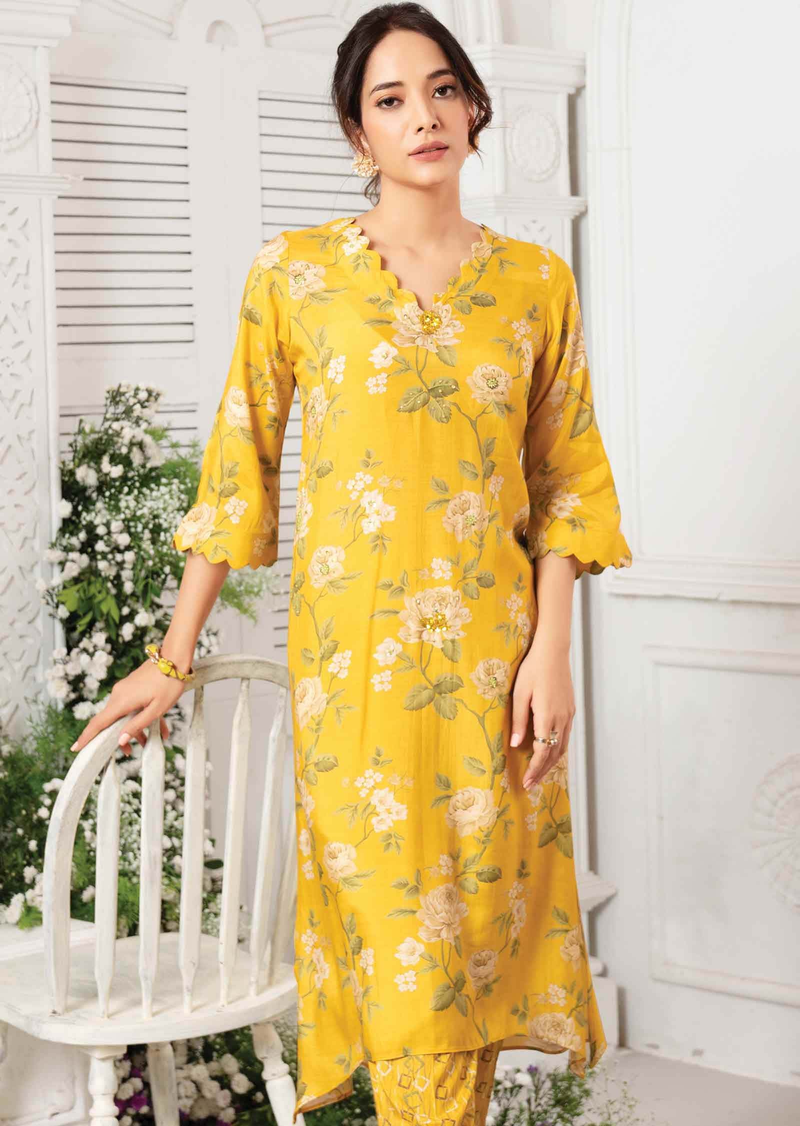 Yellow & Green Muslin Embroidered Kurti Sets