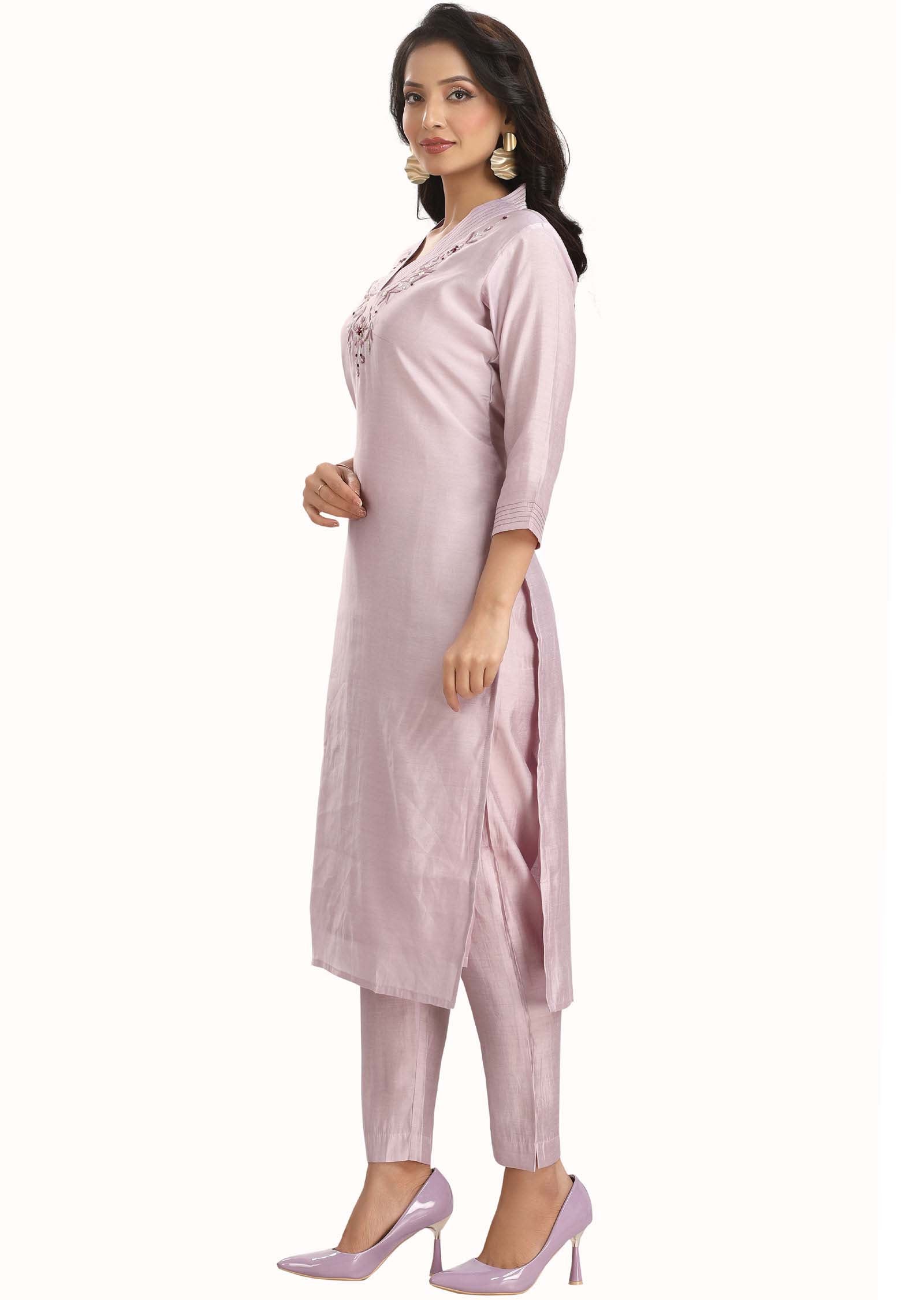 Light Lilac Chanderi Embroidered Kurti Sets