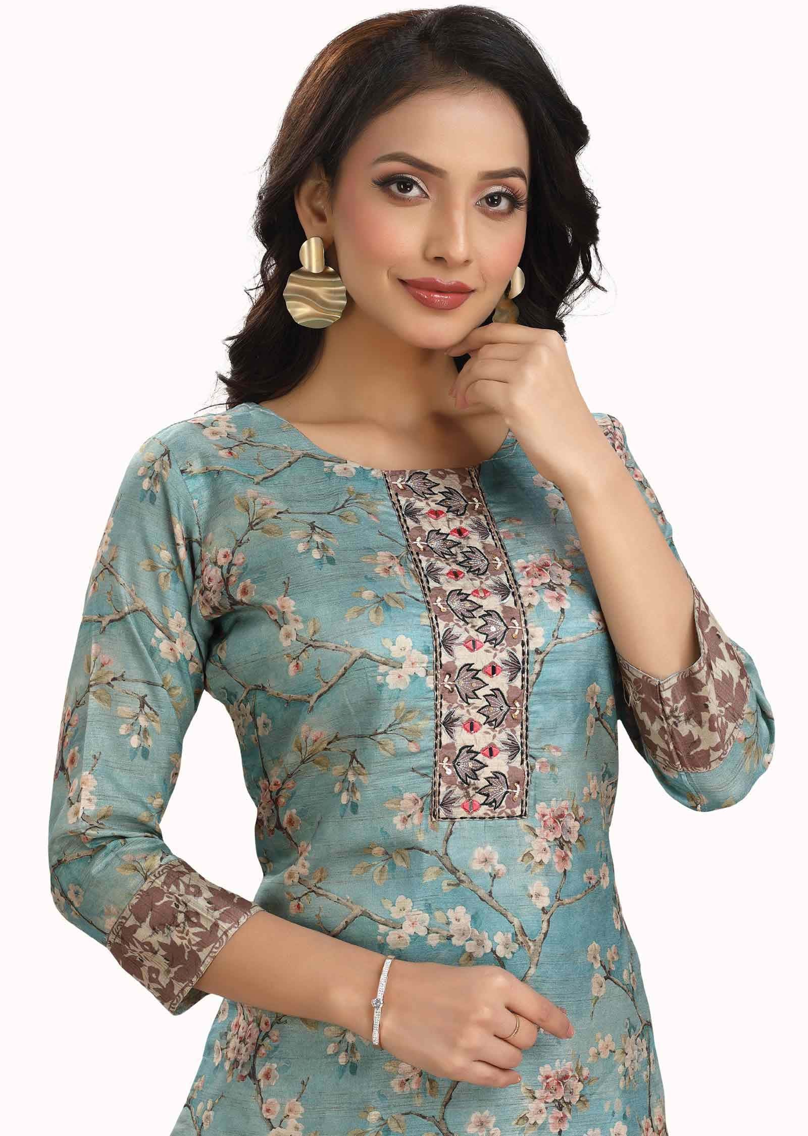 Light Blue Chanderi Printed Kurti Sets